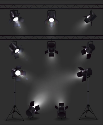 Spotlights set of realistic images with glowing spot lights from different angles with stands and reels vector illustration