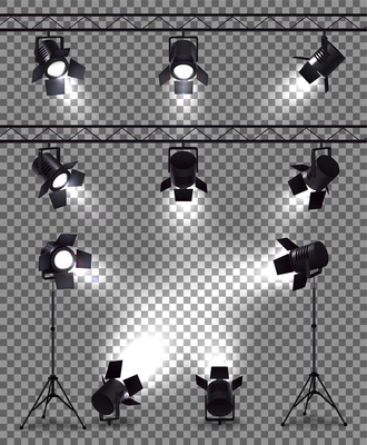 Spotlights set with realistic images on transparent background with metal body spot lights and mounting equipment vector illustration