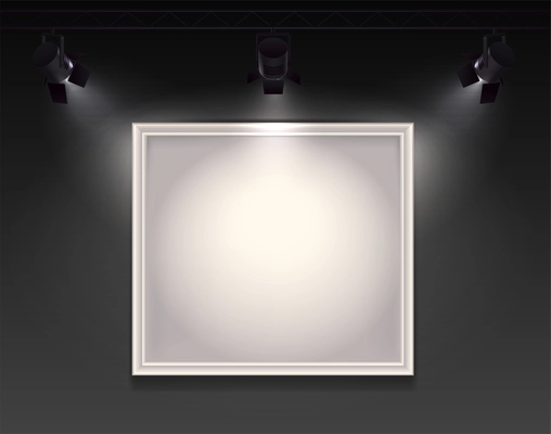 Spotlights realistic composition with view of wall with hanging empty frame highlighted by three spot lights vector illustration