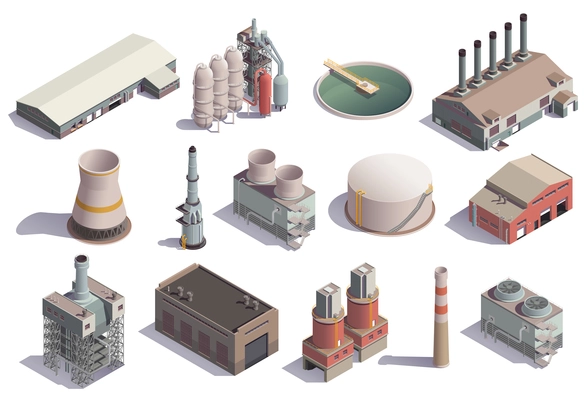 Industrial buildings isometric icons set with isolated images of factory facilities for different purposes with shadows vector illustration