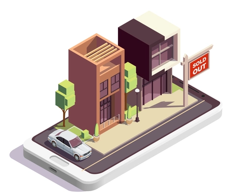 Townhouse buildings isometric composition with outdoor view of two modern dwelling houses with sold out sign vector illustration