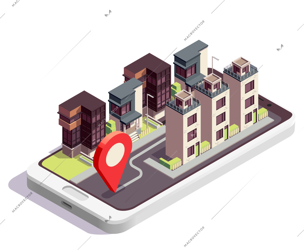 Townhouse buildings isometric composition with modern city block scenery with group of houses and location sign vector illustration