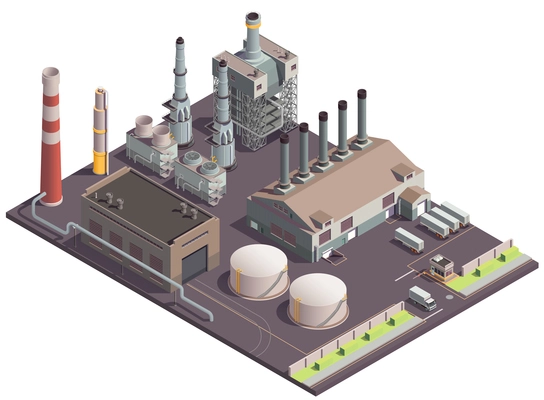 Industrial buildings isometric composition with plant area scenery factory facilities huge fabric buildings and transport units vector illustration