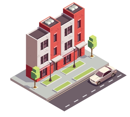 Townhouse buildings isometric composition with view of city street motorway sidewalk and three-storey residential house vector illustration