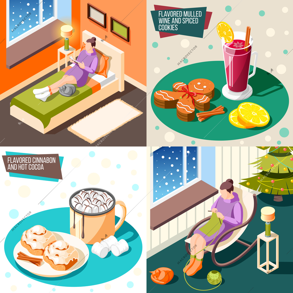 Cozy winter 2x2 design concept set of flavored mulled wine spiced cookies flavored cinnamon hot cocoa as items for warming up isometric vector illustration