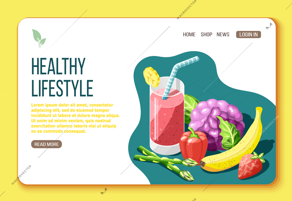 Healthy lifestyle isometric landing page with text and visual information about foods that are useful for body vector illustration