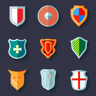Antique army shields crest medieval heraldry flat icons set  isolated vector illustration