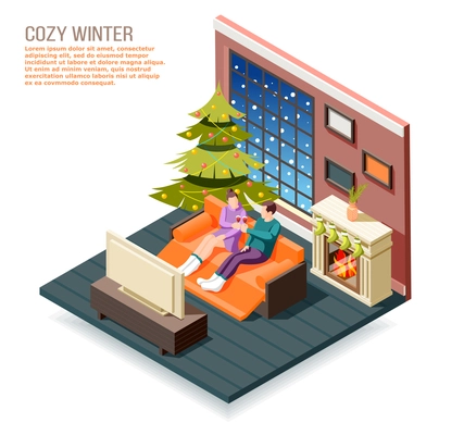 Cozy winter isometric composition with male and female characters in home interior near fireplace and christmas tree vector illustration