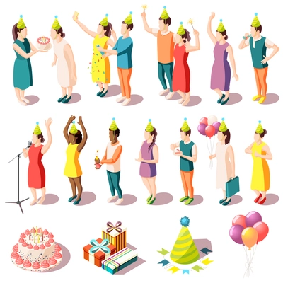 Birthday party isometric icons set of people in in festive costumes and party supplies isolated vector illustration