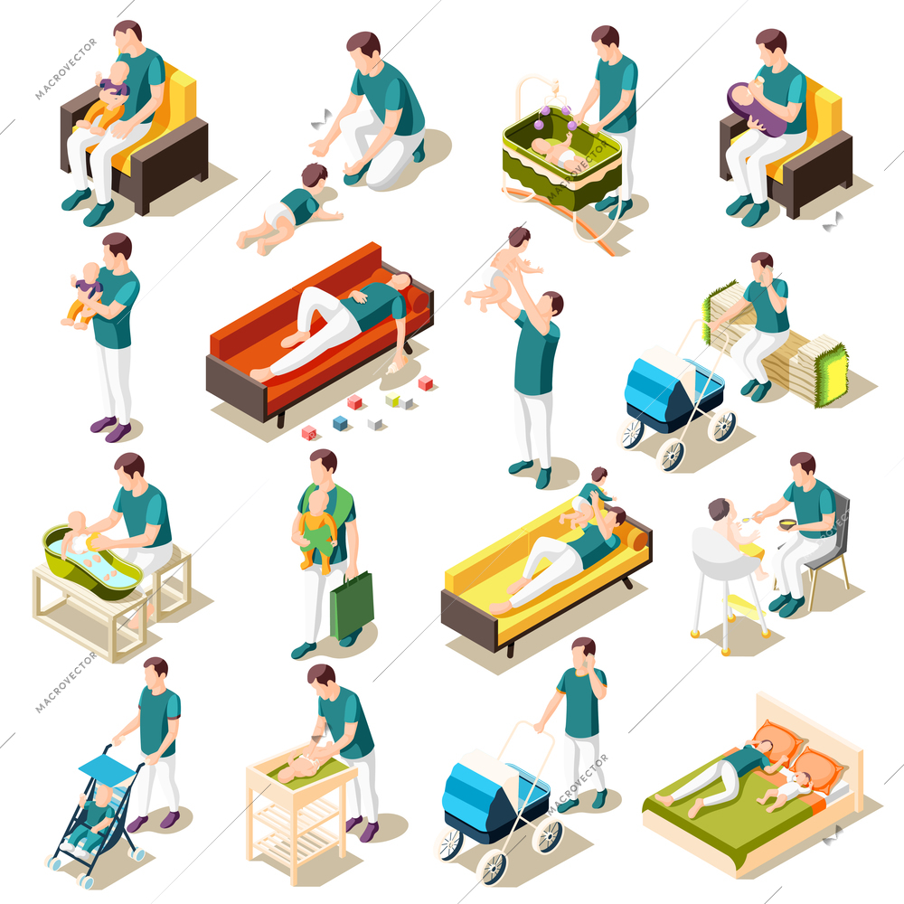 Fathers on maternity leave isometric icons set of parenthood daily routine joint games walks and rest isolated vector illustration