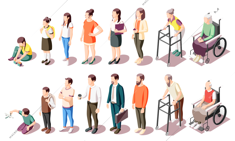 Different generations isometric icons set illustrated human age evolution from kid to old isolated vector illustration