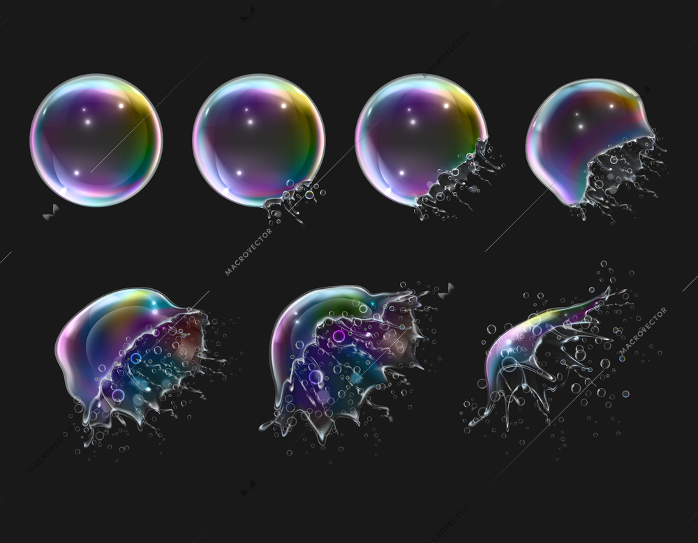 Explosion stages of realistic glossy round rainbow soap bubbles on black background isolated vector illustration