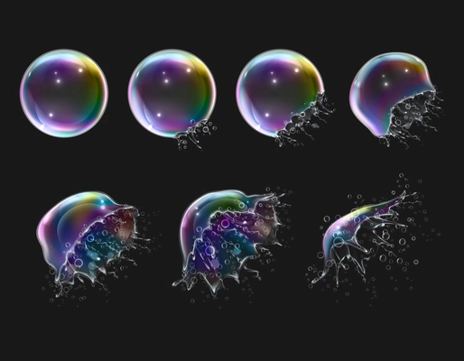 Explosion stages of realistic glossy round rainbow soap bubbles on black background isolated vector illustration