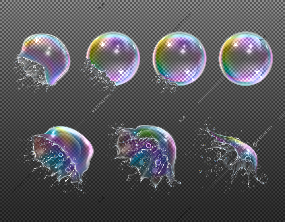 Explosion stages of realistic round soap bubbles with splashes on transparent background isolated vector illustration