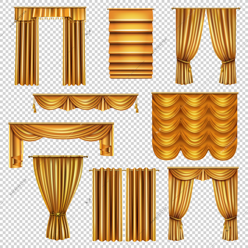 Set of realistic luxury curtains of gold fabric on cornices isolated on transparent background vector illustration