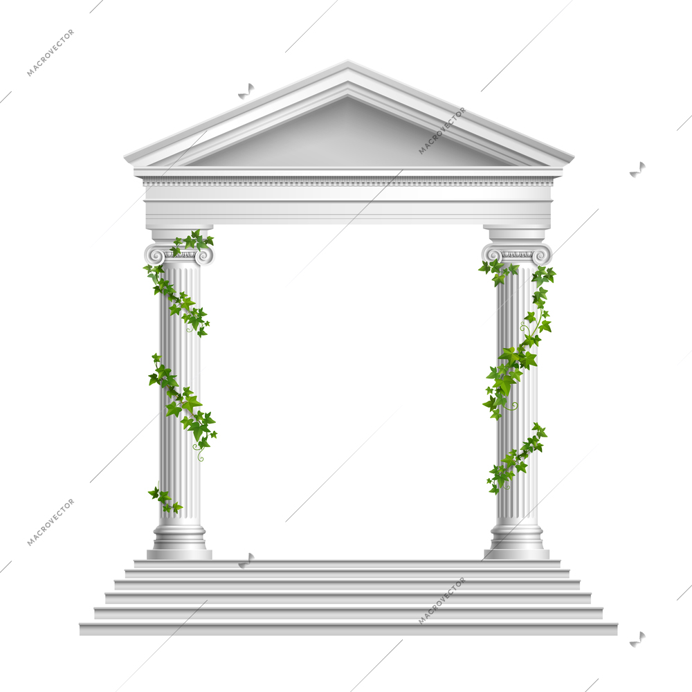 Realistic columns decorated green leaves with roof and base with stairs composition on white background vector illustration