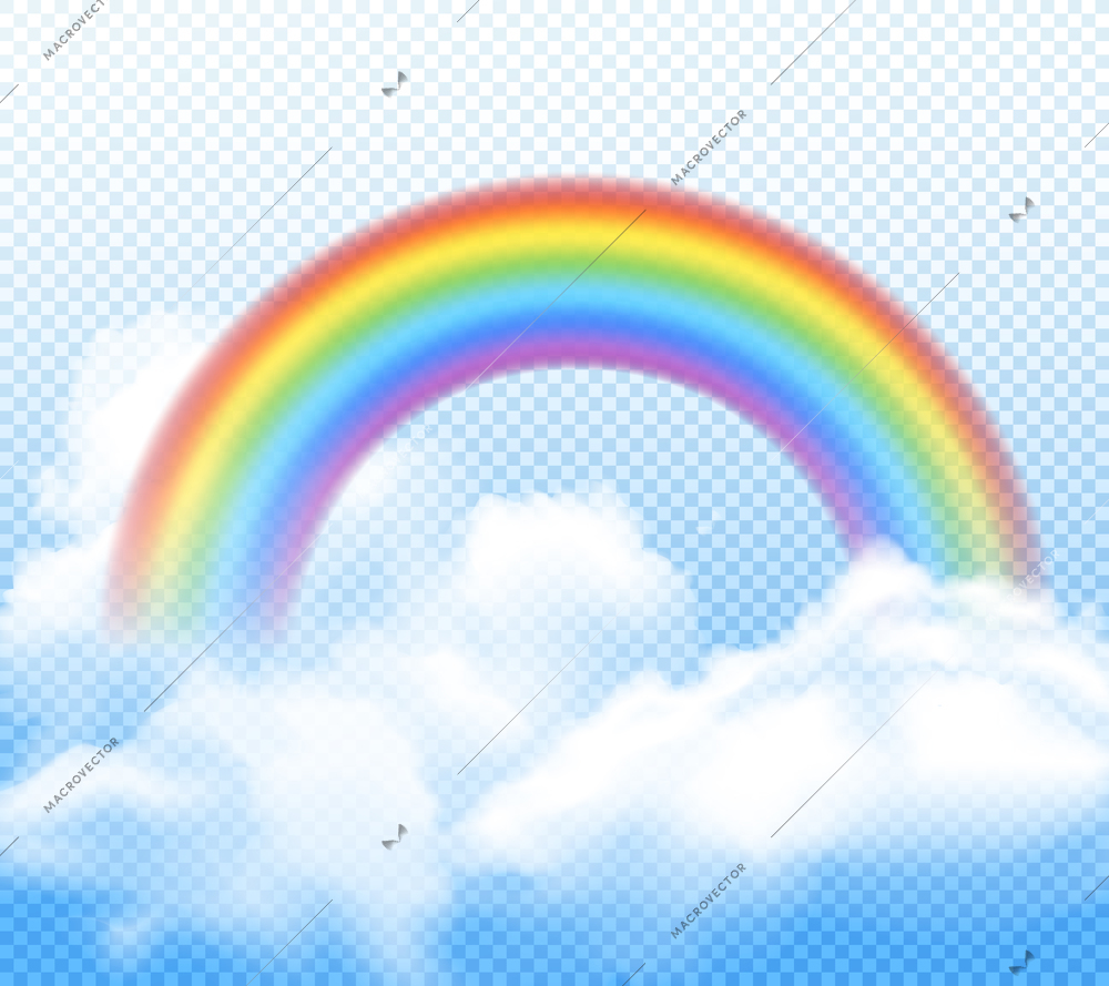 Realistic bright rainbow with white fluffy clouds composition on transparent background vector illustration