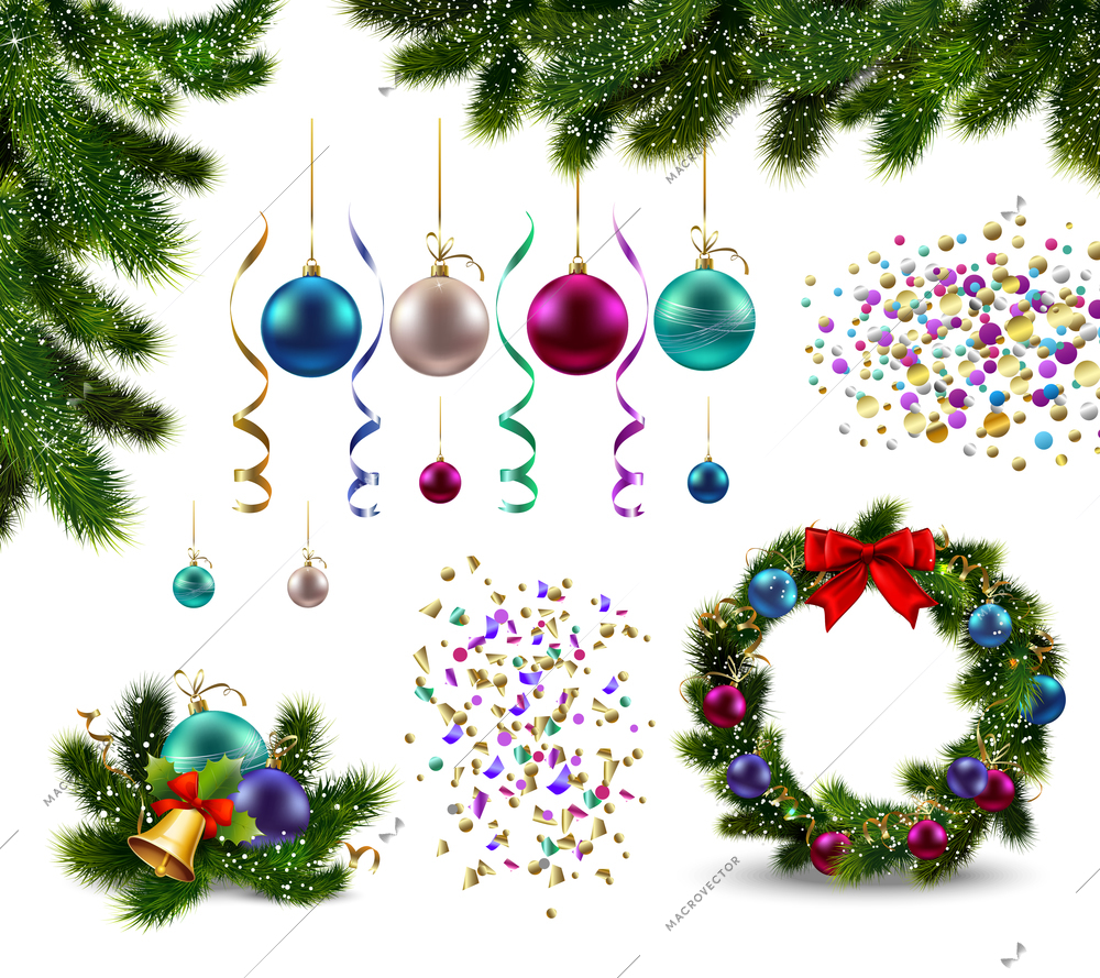 Set of realistic christmas decorations fir branches garland with baubles colorful streamers and confetti isolated vector illustration