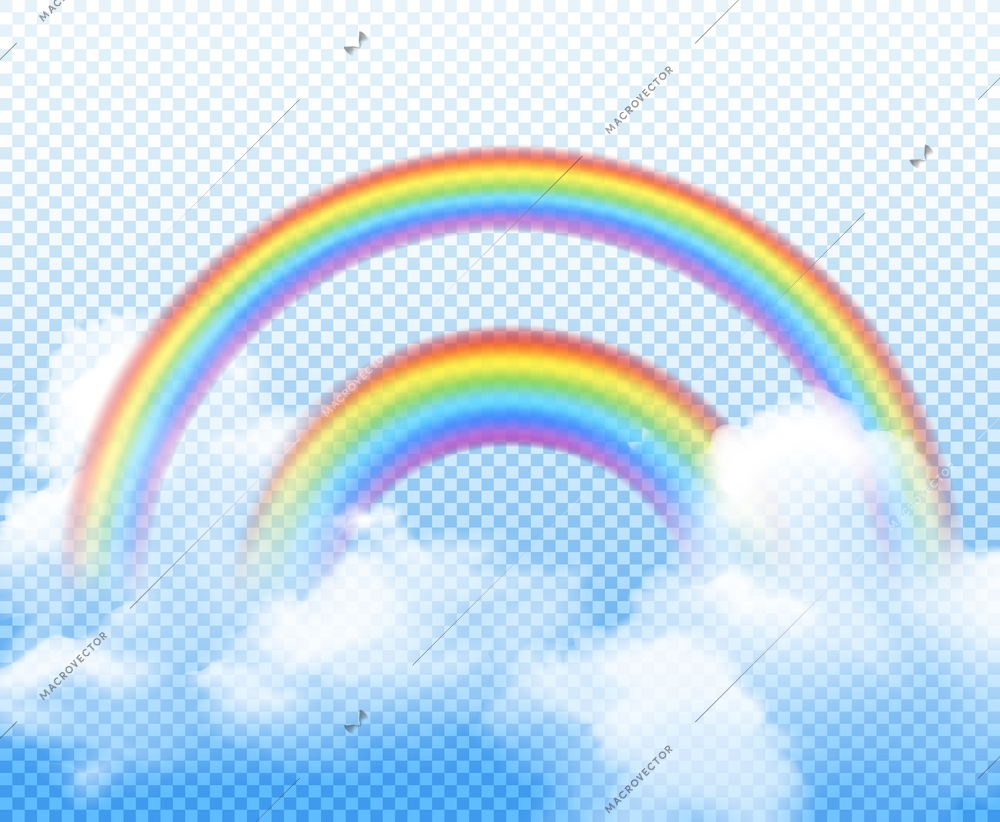 Double rainbow from different semi circles with white clouds realistic composition on transparent background vector illustration