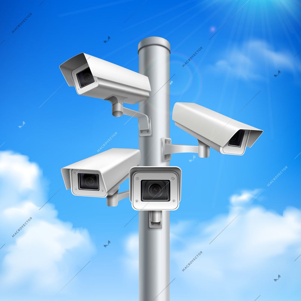 Set of security cameras on pillar realistic composition on blue sky background with clouds vector illustration