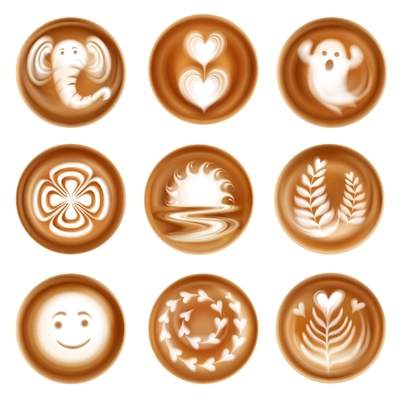 Set of realistic latte art images compositions from hearts and leaves ghost and elephant isolated vector illustration