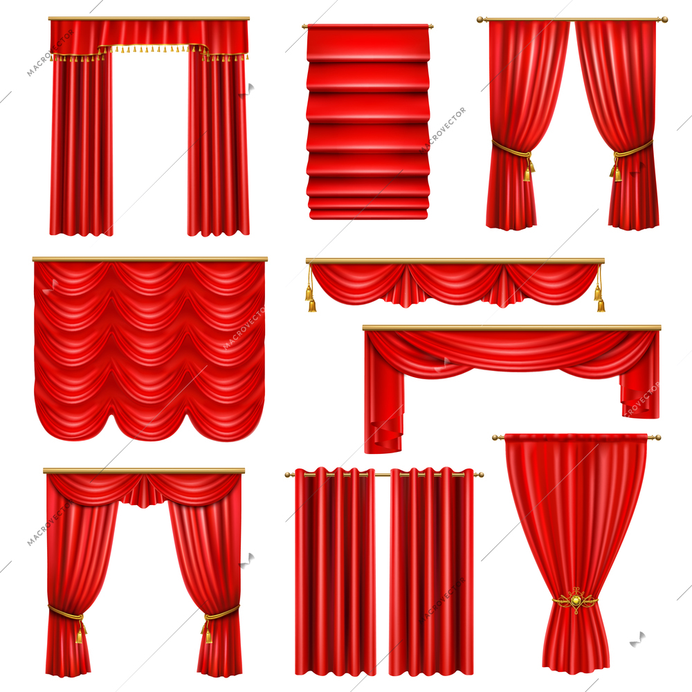 Set of realistic luxury red curtains of various design on cornices with golden elements isolated vector illustration