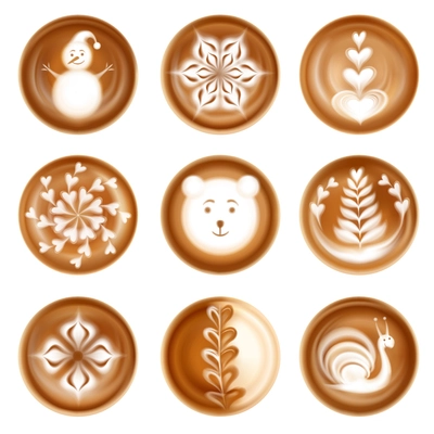 Set of realistic latte art images decorative compositions animals festive winter symbols isolated vector illustration