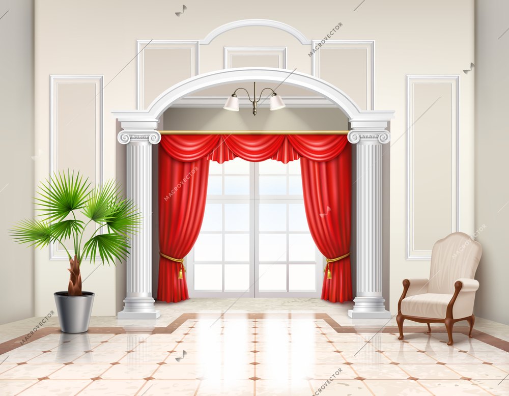 Realistic interior design in classic style with hellenistic columns french window and luxury red curtains vector illustration