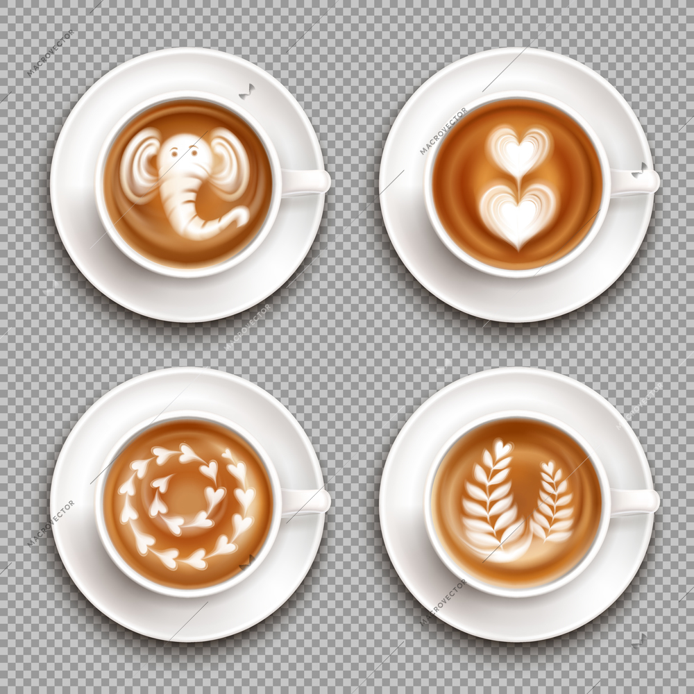 Realistic white cups with latte art images top view on transparent background isolated vector illustration