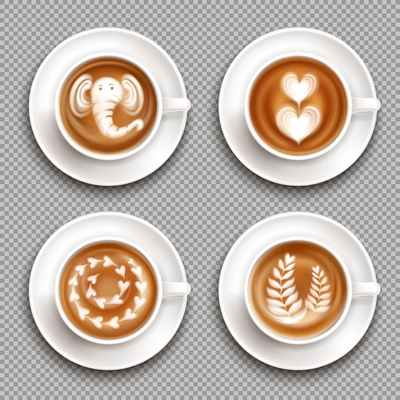 Realistic white cups with latte art images top view on transparent background isolated vector illustration