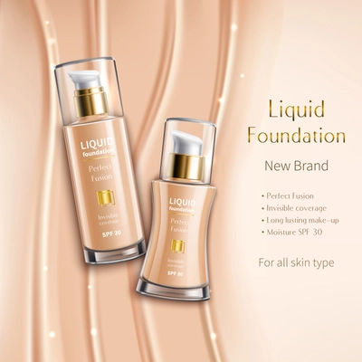 Realistic liquid foundation in glass vials advertising composition of cosmetics product on beige sparkling background vector illustration