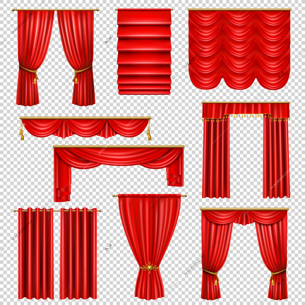 Set of realistic luxury red draped curtains on transparent background isolated vector illustration