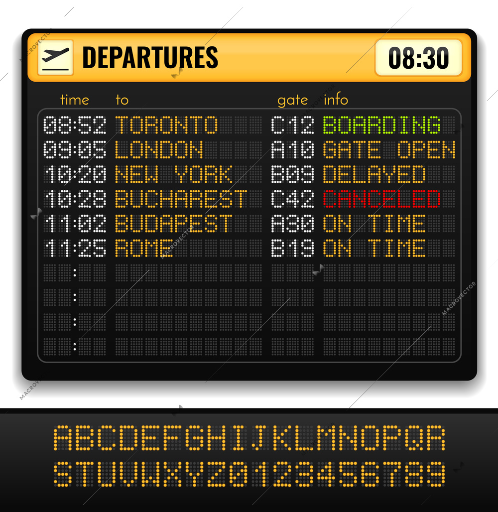 Electronic airport board realistic composition with yellow alphabets on board and departures info vector illustration