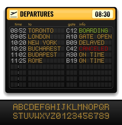 Electronic airport board realistic composition with yellow alphabets on board and departures info vector illustration