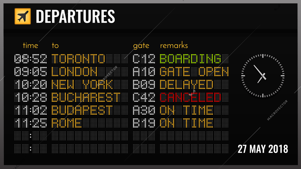 Black electronic airport board realistic composition with departures time gates and flight directions vector illustration