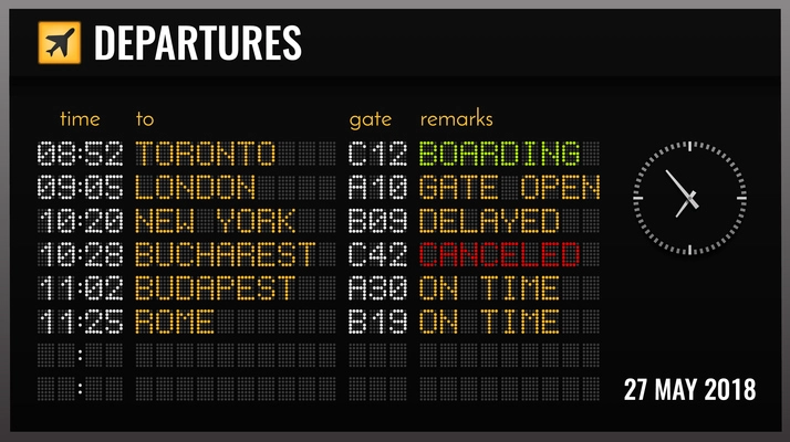 Black electronic airport board realistic composition with departures time gates and flight directions vector illustration