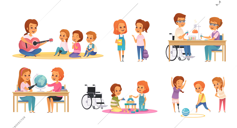 Colored and cartoon inclusion inclusive education icon set with disabled children learn and play vector illustration