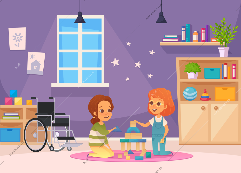 Inclusion inclusive education cartoon composition two children sit in the room and playing vector illustration