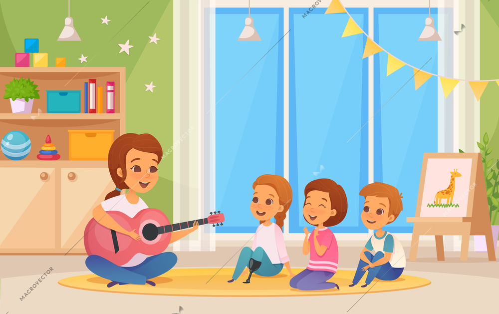 Colored and cartoon inclusion inclusive education composition with teacher who plays guitar vector illustration