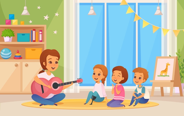 Colored and cartoon inclusion inclusive education composition with teacher who plays guitar vector illustration