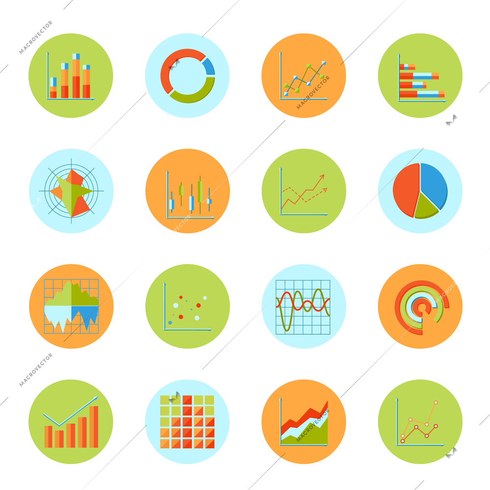 Business charts diagrams and graphs flat icons set isolated vector illustration