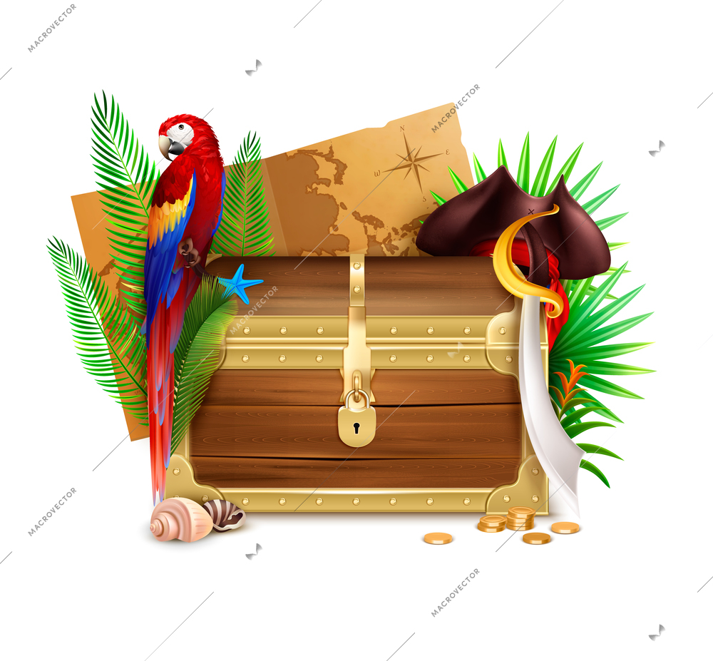 Old wooden pirate chest realistic composition with  golden coins palm tree branches parrot and map vector illustration