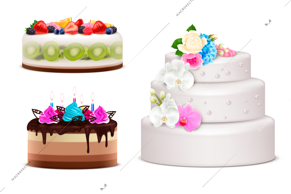 Realistic set of birthday and wedding festive cakes decorated by cream bouquet lighted candles and fresh fruits isolated vector illustration