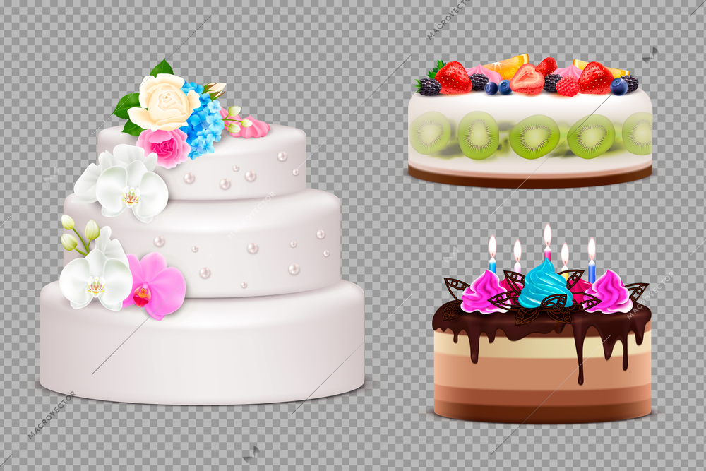 Transparent set of handmade festive cakes to order for birthday wedding or other holiday realistic vector illustration