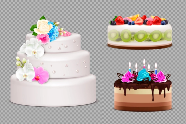 Transparent set of handmade festive cakes to order for birthday wedding or other holiday realistic vector illustration