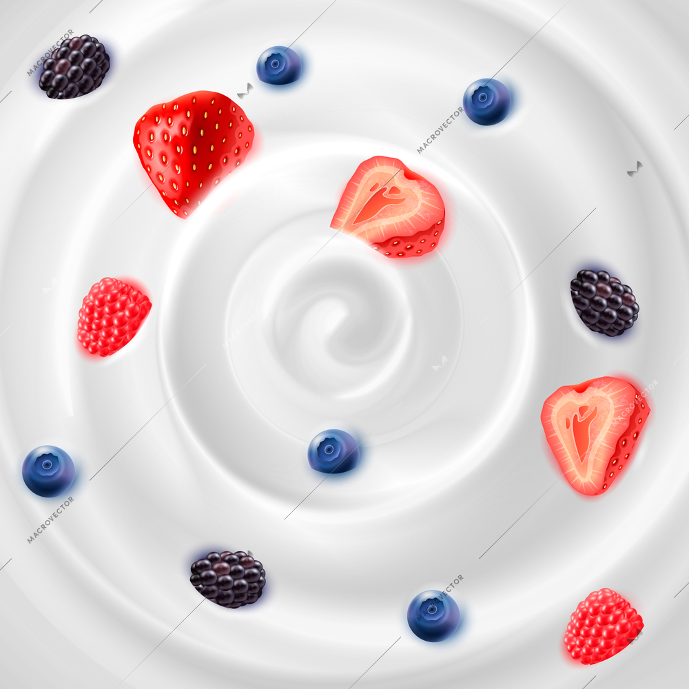 Food background representing light natural  yogurt cream with strawberries blackberries and blueberries realistic vector illustration