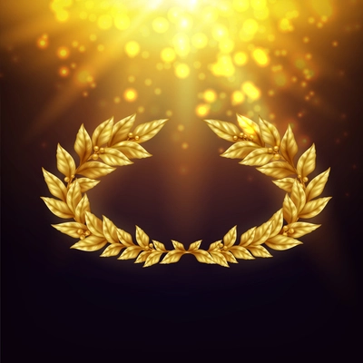 Shiny background with golden laurel wreath in in bright rays and glare realistic vector Illustration