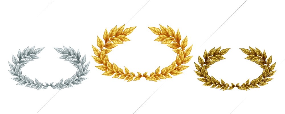 Golden silver and bronze laurel wreaths in realistic style as symbol sports achievement isolated vector illustration