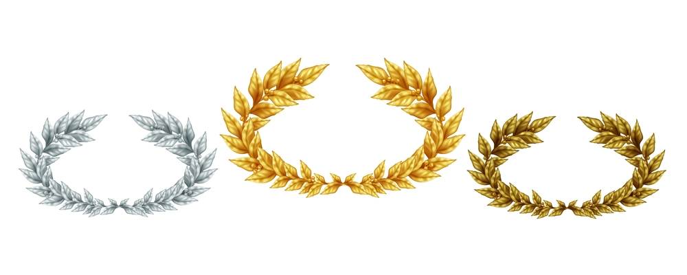 Golden silver and bronze laurel wreaths in realistic style as symbol sports achievement isolated vector illustration
