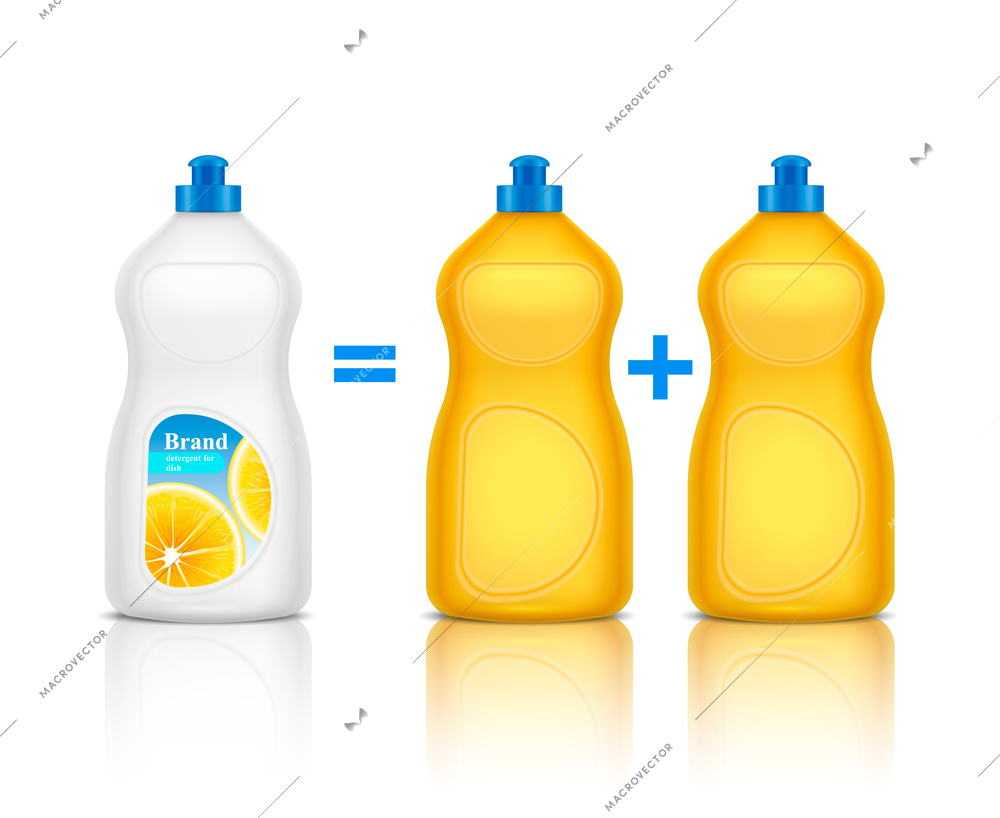 Detergent advertising realistic composition with promoting of new brand bottle compared to others cleaning agent vector illustration